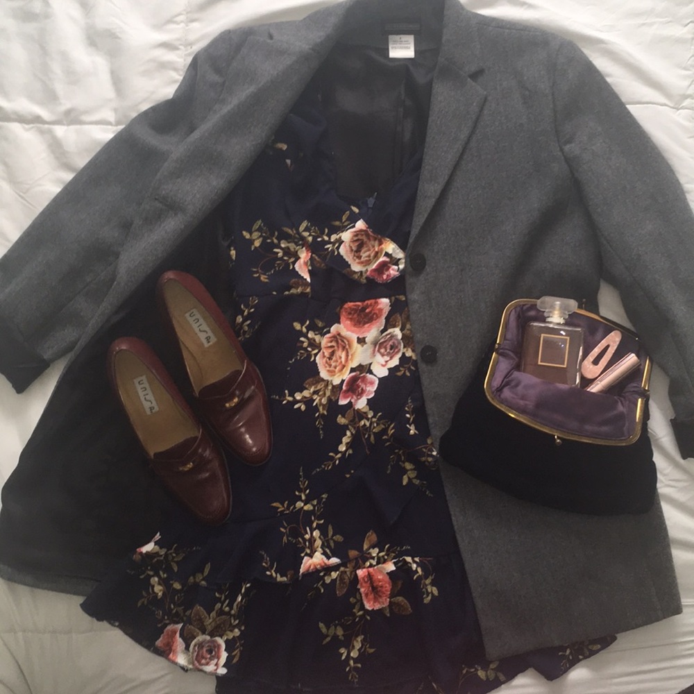 Navy ruffle floral slip dress
